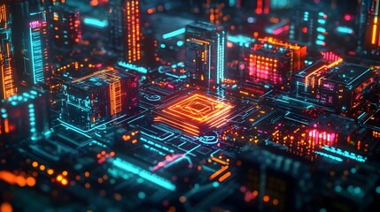 Obraz premium Captivating Futuristic Cityscape with Glowing Skyscrapers and Intricate Digital Infrastructure