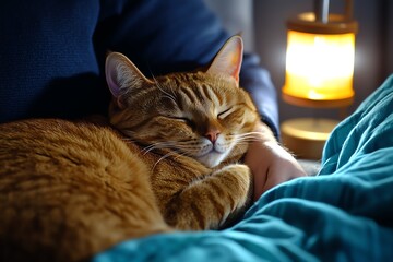 A cat curled up and sleeping next to a person in bed, with a soft night glow from a bedside lamp, symbolizing the peaceful coexistence during sleep at night