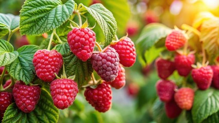 A close-up of ripe red raspberries growing on a bush with green leaves, bathed in the warm glow of the sun.
