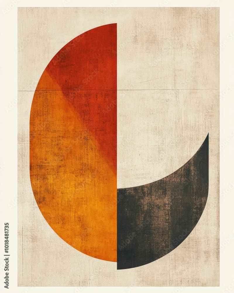 Poster symbolic geometric patterns in soft earthy tones blending abstract and surreal elements in a minimal
