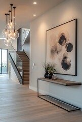 A minimalist living room with white and orange tones, featuring sparse furniture.