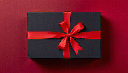 Top view photo of black gift box with red bow