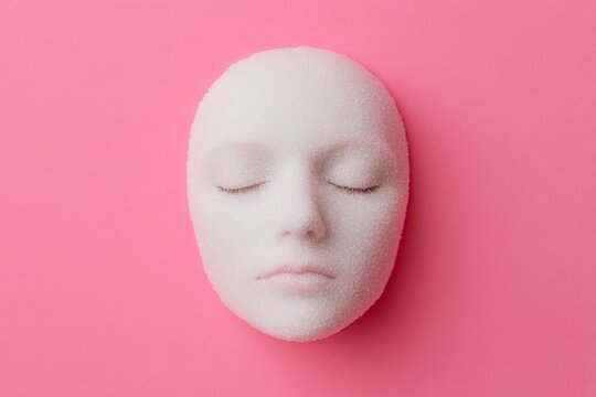 A foam mannequin head with closed eyes laying flat against a soft pink background, creating a serene and minimalistic look.