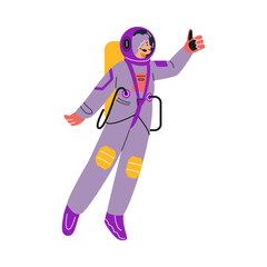 Vector illustration with a female astronaut in a spacesuit shows a gesture sign of well