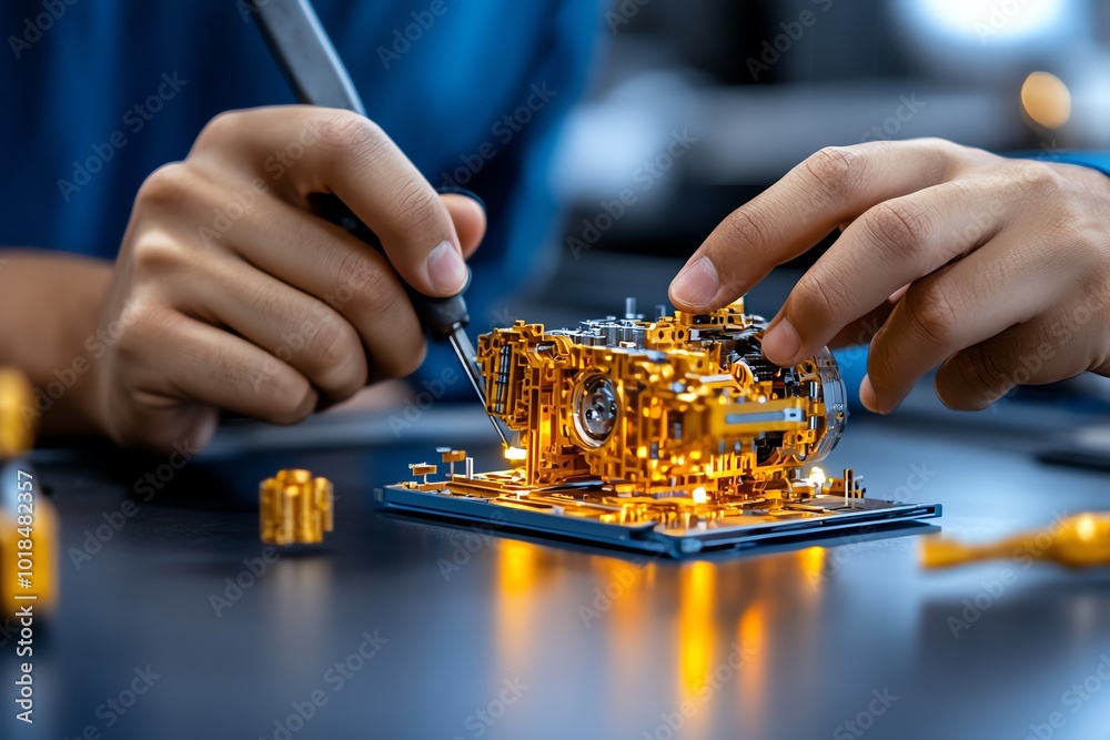 Poster A close-up of hands using tools to take apart a complex mechanical device, representing reverse engineering in mechanical systems