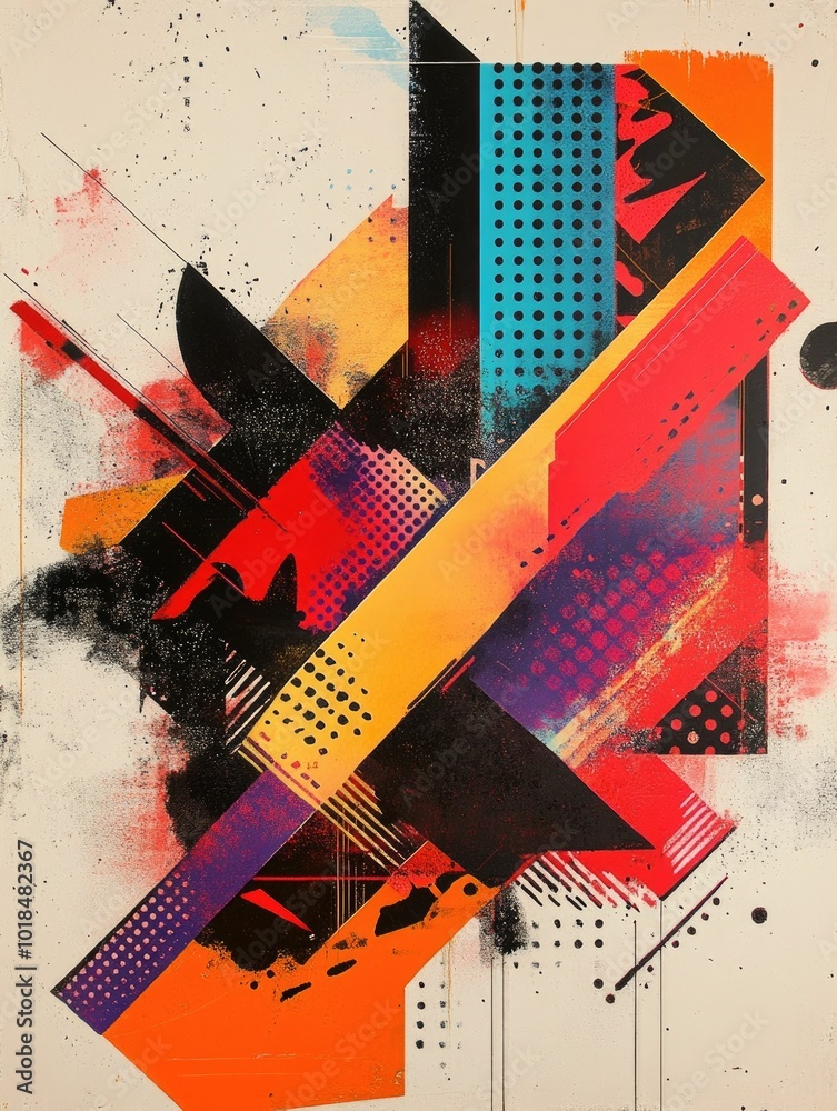 Poster striking abstract typographic poster design featuring dynamic geometric shapes bold color blocks and