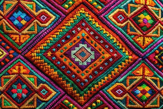 A lively Shipibo textile design showcasing complex geometric patterns intertwined with natural motifs, celebrating cultural heritage through vibrant colors and intricate artistry.