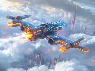 Naklejka premium Futuristic Spacecraft in Explosive Battle against Clouds and Sky