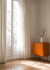 Minimalist living room with living plant wall art and wooden stairs.