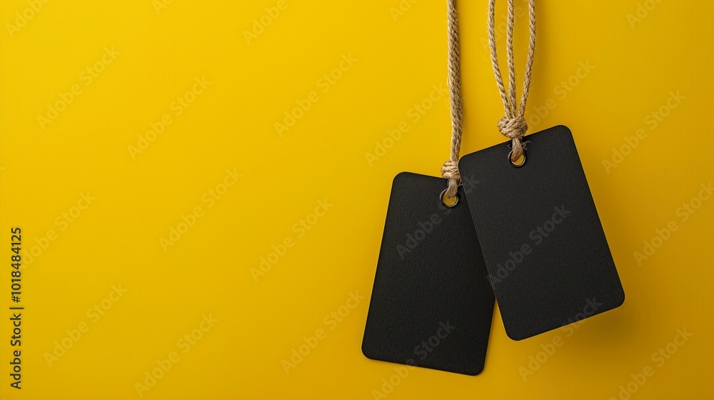 Wall mural two sleek black price tags dangling on strings against a vibrant yellow background, creating a strik