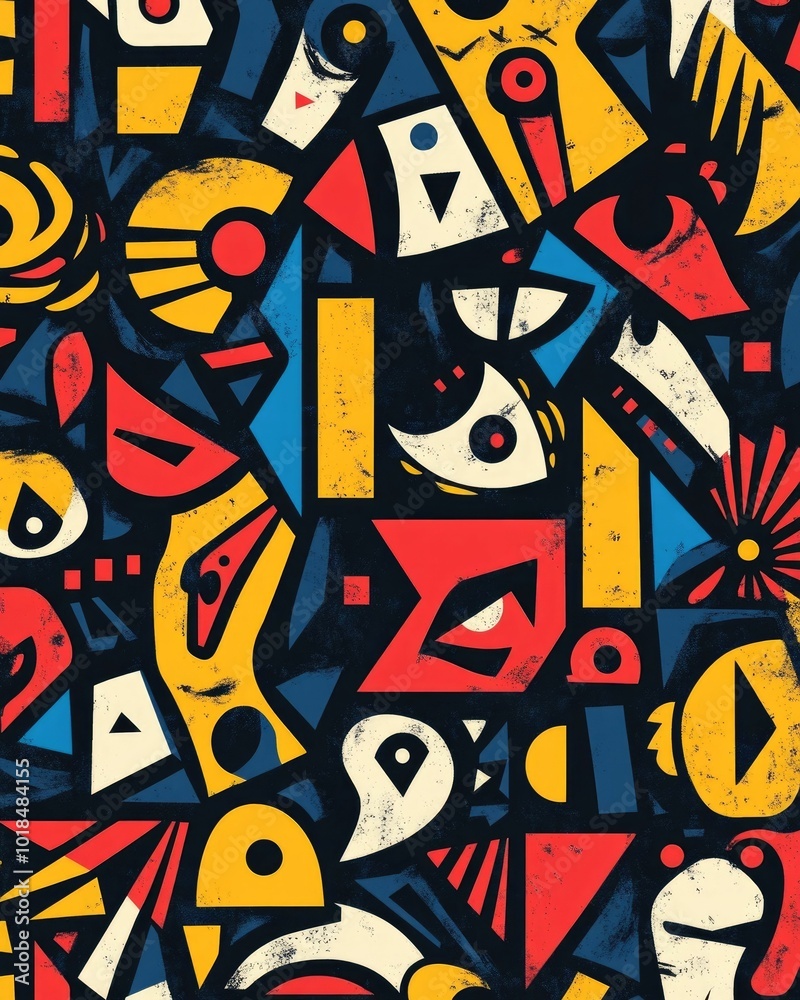 Poster visually striking abstract geometric pattern featuring a blend of symbolic animal forms minimalist d