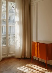 Minimalist entryway with open staircase, unique chandelier, and wooden bench.