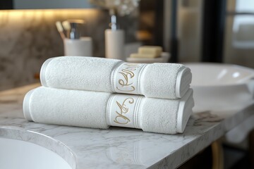 Luxurious white towels neatly arranged on a marble countertop in an elegant bathroom, creating a serene ambience for relaxation and comfort.