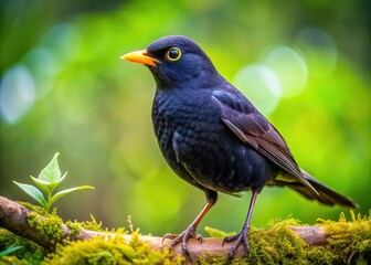 Fototapeta premium A majestic blackbird sits elegantly on a branch, framed by a rich tapestry of green, embodying the tranquility of its lush, natural surroundings.