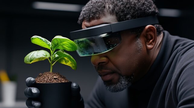 AgTech Visionary: A focused scientist examines a young plant through futuristic AR glasses, symbolizing innovation in sustainable agriculture. - Powered by Adobe