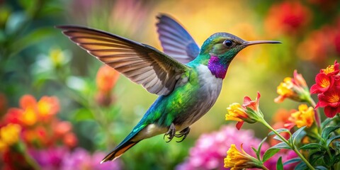 Fototapeta premium A majestic hummingbird flits gracefully amidst vibrant flowers and lush greenery, showcasing the beauty of nature in a colorful, tranquil setting. Natureâ€™s artistry unfolds brilliantly.