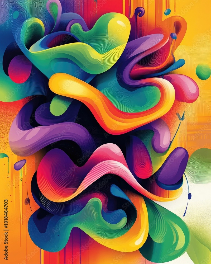 Poster colorful and dynamic abstract composition with fluid transforming typography and pop art style shape