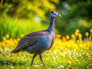 Fototapeta premium Elegant Guinea Fowl Strutting Across a Sunny Meadow Surrounded by Lush Green Grass and Flowers