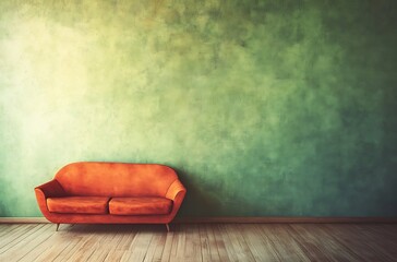 A minimalist interior with a plain olive green wall and an orange leather sofa.
