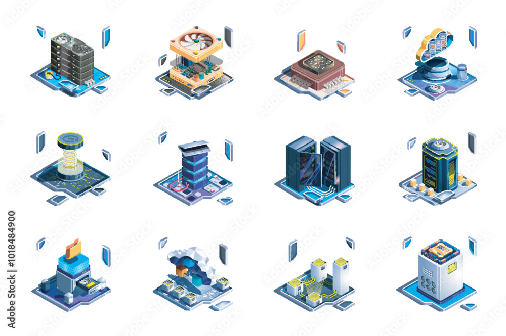 Leinwandbilder data server web concept of 3d isometric icons set in isometry design. hardware racks, cloud service,