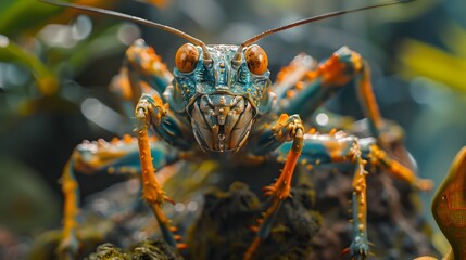 A blue and orange bug with a black head is standing on a rock
