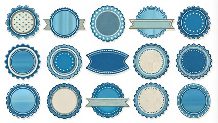 A Collection of Vintage Blue and White Circular Badges and Labels with Various Patterns and Shapes