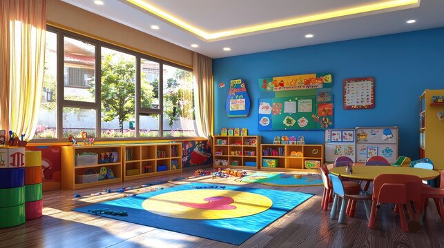 A bright and colorful kindergarten classroom with playful decor, learning materials, and a welcoming atmosphere for children.