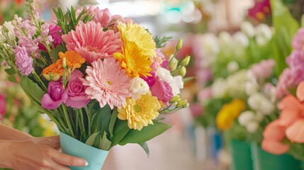Obraz premium Close-up of a person holding a bouquet of roses and tulips.