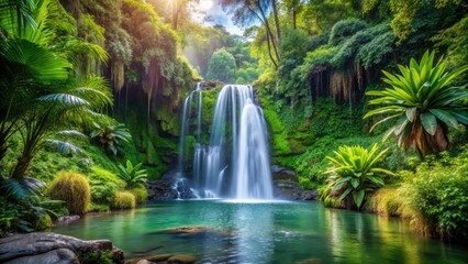 Obraz premium Amidst a vibrant jungle paradise, a tranquil waterfall tumbles over lush greenery, creating a peaceful oasis where the beauty and serenity of nature abound.