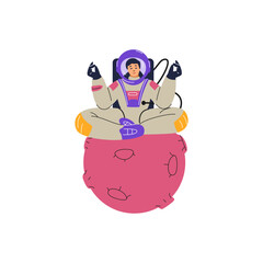 Illustration of a female astronaut meditating in the lotus position on an asteroid.