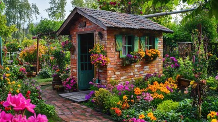 Fototapeta premium A charming garden shed surrounded by vibrant flowers, creating a picturesque scene full of color and serenity.