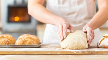 Baker kneading dough in a bakery kitchen, preparing bread for baking in the oven.