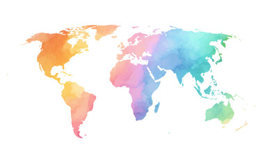 A beautifully crafted world map featuring a watercolor texture that transitions through colorful shades, creating a vibrant and artistic representation of global geography.