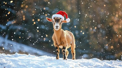 A cheerful goat wearing a Santa hat stands in a snowy landscape, surrounded by shimmering snowflakes, capturing festive winter joy.