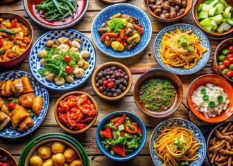 Fototapeta premium An array of beautifully presented colorful Chinese dishes, served in traditional bowls and plates, captivates food lovers with their exquisite flavors and visual appeal.