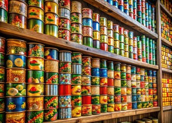 Obraz premium An array of spam cans, each featuring lively and colorful labels, is neatly arranged on a wooden shelf, creating a striking visual display of design variety.