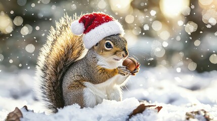 A cheerful squirrel wearing a Santa hat holds a nut amid a snowy landscape, capturing the festive spirit of winter.