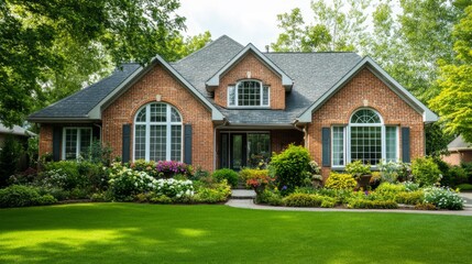 Brick House with Green Lawn and Flower Gardens