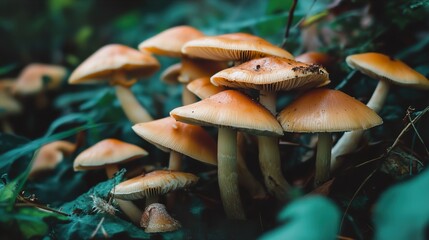 Close-Up of Mushrooms Growing on the Forest Floor