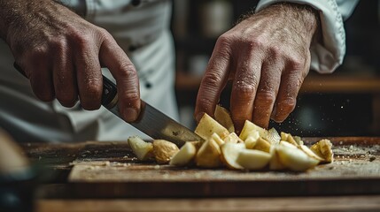 A chef skillfully chopping fresh ingredients on a wooden cutting board in a cozy kitchen setting, showcasing culinary art.