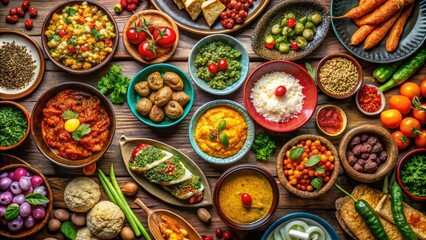 Fototapeta premium An enticing array of iconic foods celebrates the vibrant diversity of global culinary traditions, highlighting the cultural heritage embedded in each dish.