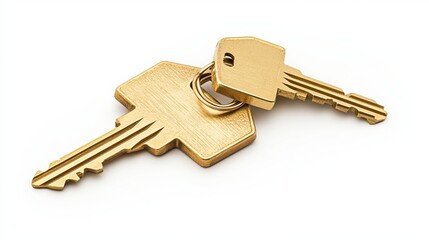 Isolated on a white background, a pair of house keys with a gold metal keyring fashioned like a house. 