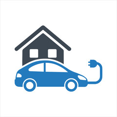 Electric car. Electric vehicle recharging. Charging an electric car at home icon