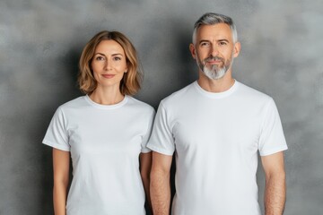 Fototapeta premium Portrait of a smiling senior couple, both wearing glasses and white t-shirts, standing side by side against a plain background.
