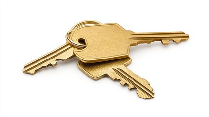 Isolated on a white background, a pair of house keys with a gold metal keyring fashioned like a house. 