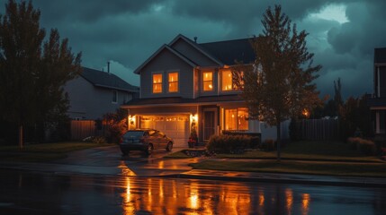 Fototapeta premium A suburban home with a car in the driveway lit up at night after a rain shower.