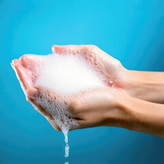 Fototapeta premium Hands holding soap bubbles against a blue background, conveying cleanliness.