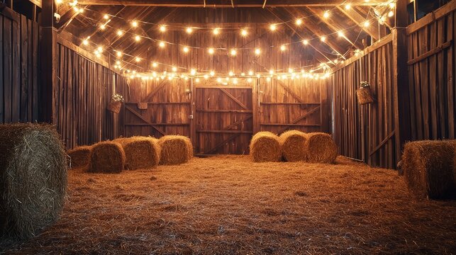 A cozy barn interior adorned with warm lights and arranged hay bales, perfect for rustic events and country aesthetics.