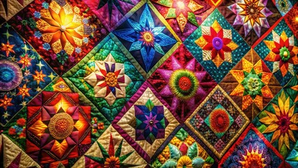 Fototapeta premium An eye-catching quilt background adorned with detailed patterns, great for textiles, crafting activities, and home decor projects. Elevate your creations with this colorful design.