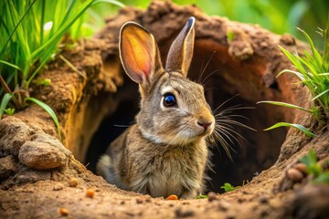 Fototapeta premium An informative diagram depicts a rabbit burrow's design and features within its natural environment, illustrating connecting tunnels, nesting chambers, and adjacent flora and fauna.